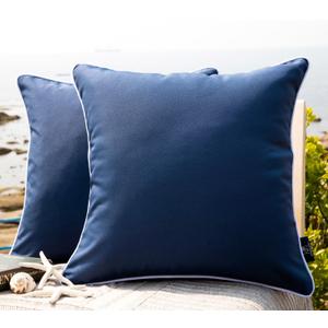 Phantoscope Pack of 2 Outdoor Waterproof Throw Pillow Covers with Contrast Piping, Decorative Square Cushion Case Patio Pillows for Couch Tent Sunbrella, Dark Blue 18x18 inches