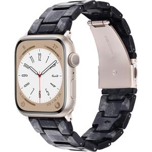 Resin Watch Band Compatible with Apple Watch Band for Women 42mm 44mm 45mm Tortoise Metal Buckle Wristband Bracelet Strap for iWatch Series 10 9 8 7 6 5 4 3 2 1 SE(Marble Black)