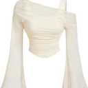 BEAUDRM Women's Y2K Off The Shoulder Tops Long Bell Sleeve Mesh Shirt Ruched Crop Top Rave Clubwear (Apricot), Size Small