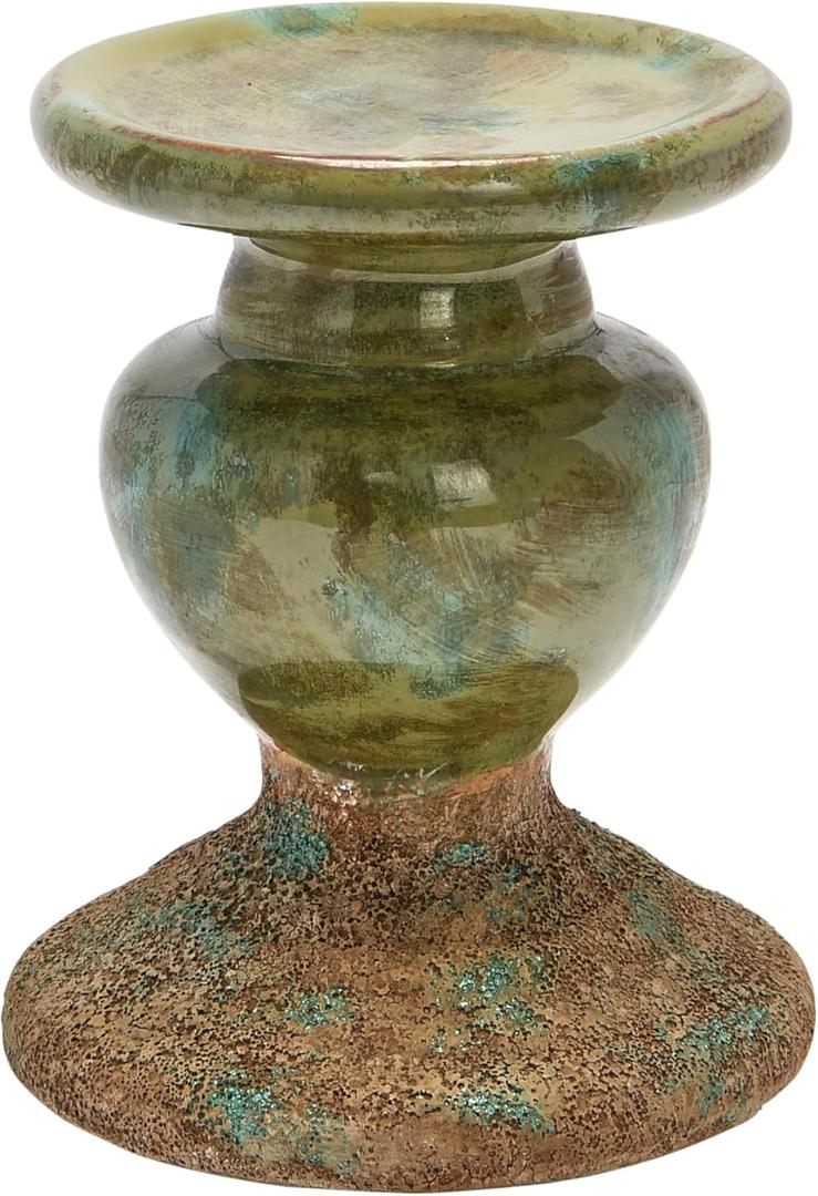 Creative Co-Op 2-Tone Sculptural Terracotta Pillar Candle Holder, Distressed Green (4.5" W x 5.25" H)
