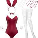Geyoga Anime Women Bunny Costume Bunny Outfit Halloween Cosplay Bodysuit Role Costume Bunny Headband Stocking Set (Small, Wine Red)