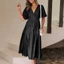 Woolicity Womens Summer Maxi Dress Wrap V Neck Short Sleeve Beach Flowy Long Dresses Black (Black)