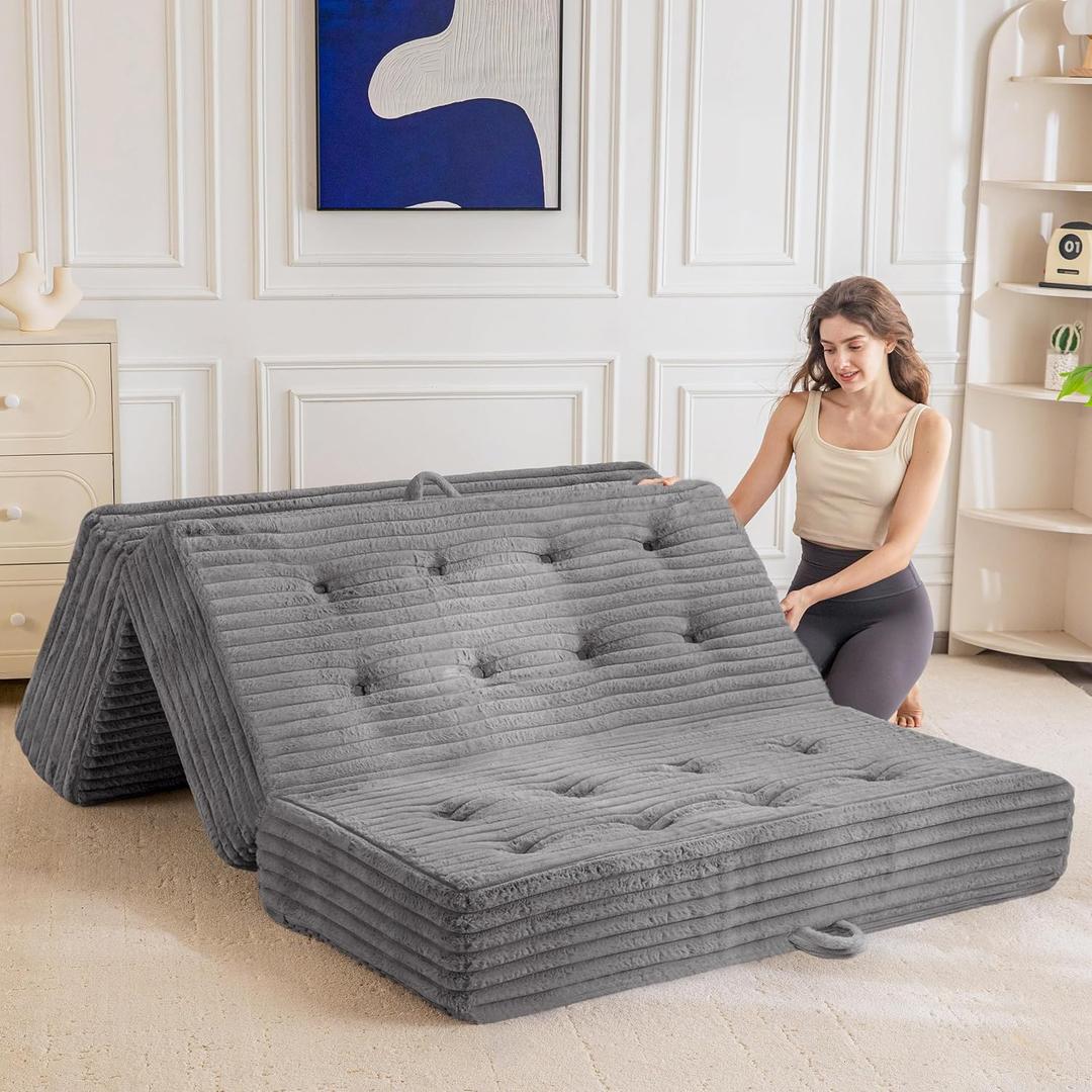 MAXYOYO Folding Sofa Couch Bed, 6 Inch Tri-Fold Floor Sofa Bed, Folding Mattress with Handles, Soft Faux Fur Folding Bed with Supportive Foam Filling, Portable Couch for Living Room, Queen, Grey