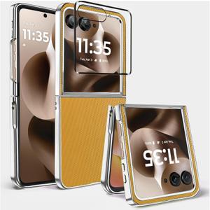 Leather case for Motorola Razr Ultra 2025,with [front screen privacy protection film]electroplating frame,full body protection non-slip and shockproof phone case,for Razr Ultra 2025 Case,Silver Gold