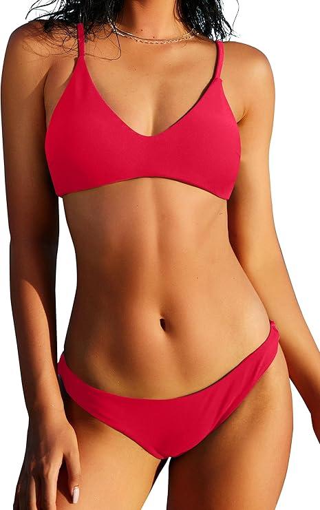 ZAFUL Women's Solid Spaghetti Strap Bralette Bikini Set Two Piece Swimsuit, L Red