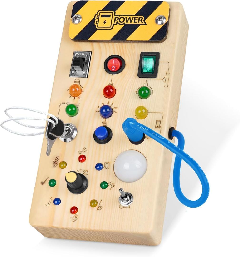 Hoarosall Montessori Wooden Busy Board with 8 LED Light switches, Sensory Toys Light Switch Travel Toys for 1+ Year Old Baby and Toddler