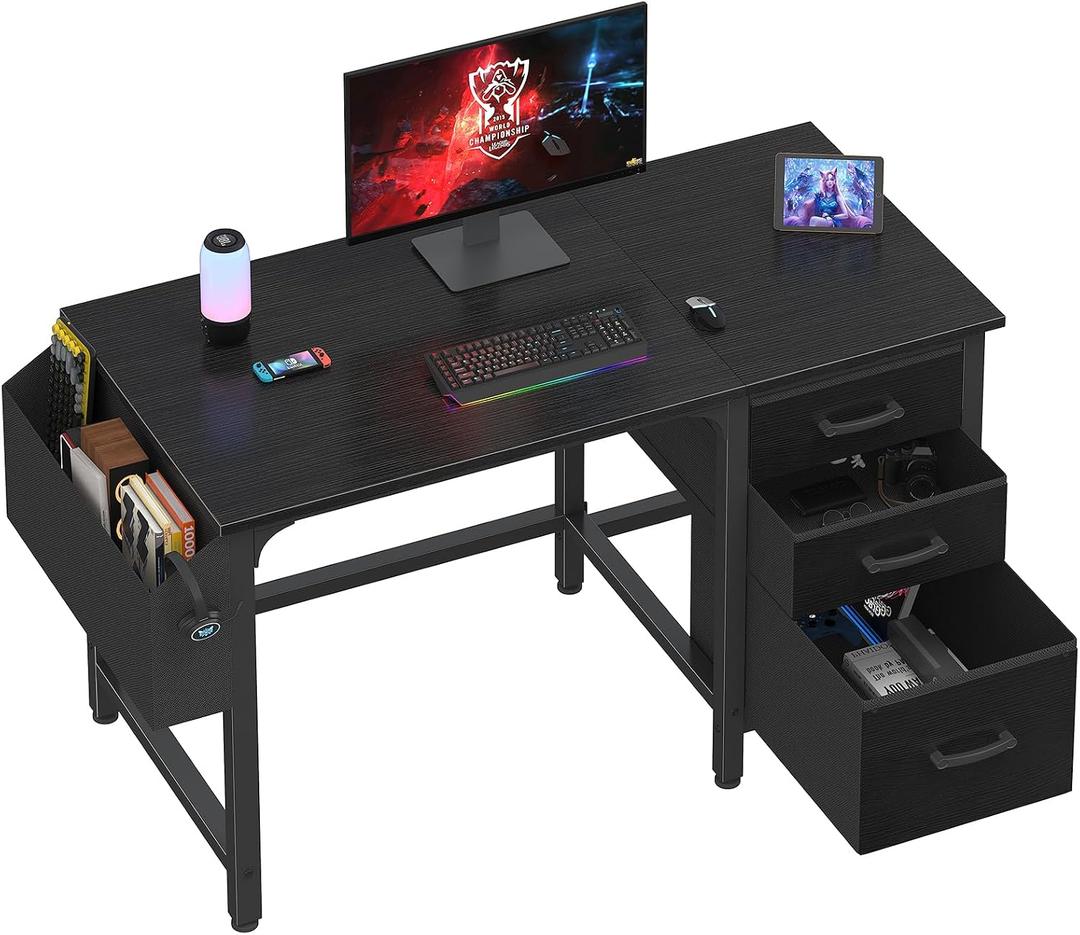 Lufeiya Computer Desk with File Drawers Cabinet, 47 Inch Reversible Home Office Desks with Filing Cabinet for Small Space, Gaming Study Writing Table PC Desks, Black, 46.6"