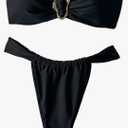 SHENHE Women's 2 Piece Strapless Swimsuit Metal Ring High Cut Thong Ruched Bandeau Bikini Set Black S