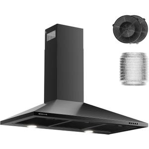 36 Inch Wall Mount Range Hood Ducted/Ductless Convertible Kitchen Exhaust Hood with 450 CFM Motor, 3 Speed Fan, LED Lighting and Dishwasher Safe Filters, Matte Black Painted Finish