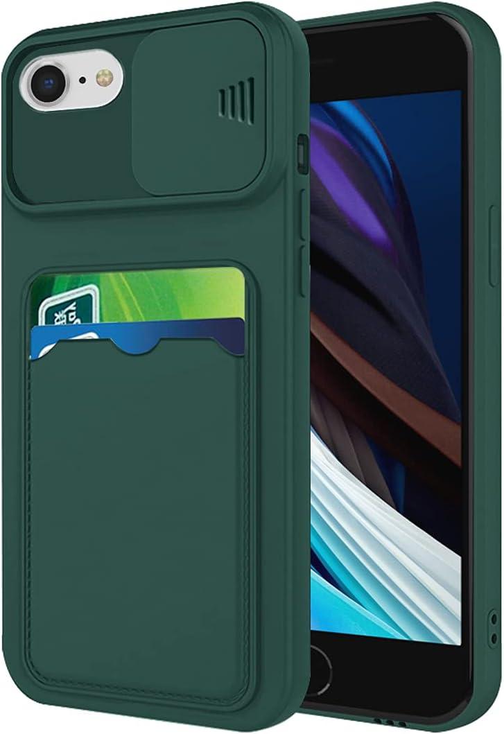 Compatible with iPhone SE 3rd Case with Card Holder, for iPhone SE 2022 Phone Case Shockproof Silicone Cases with Camera Cover (Dark Green)