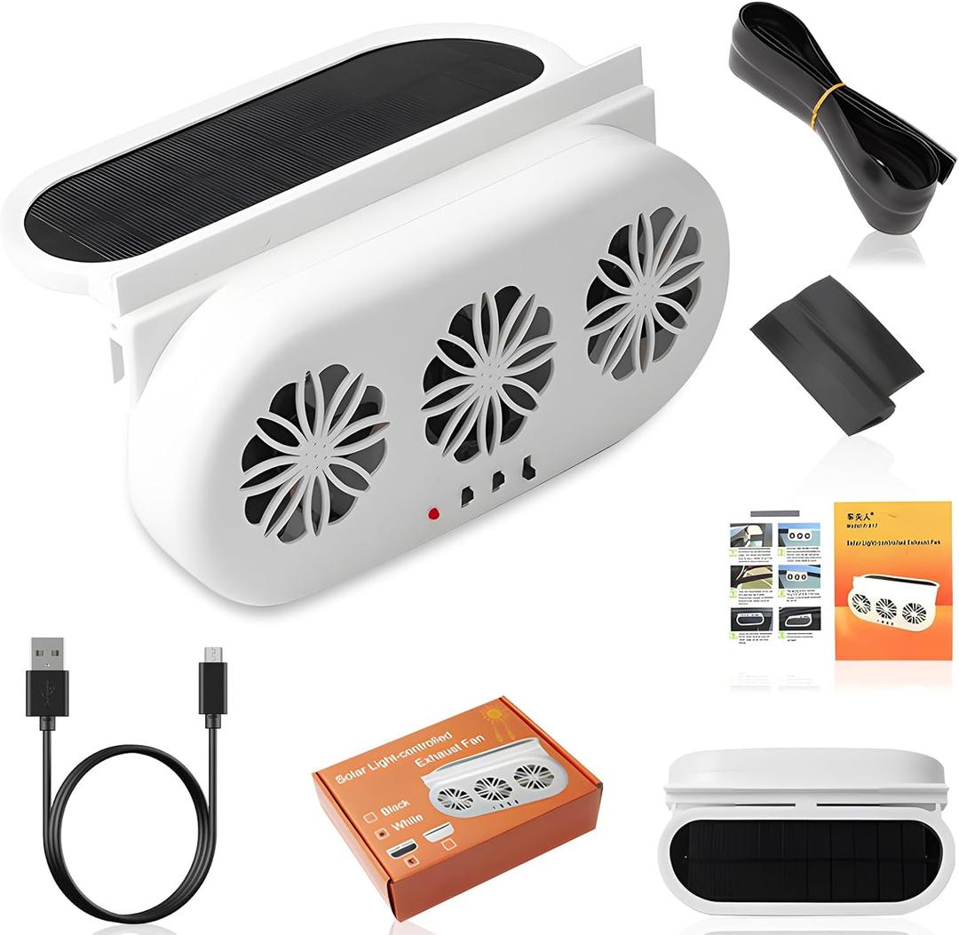 Solar Car Exhaust Fan, Car Window Exhaust Fan with 3 Air Outlets, Air Circulation in The Car Cooling, Eliminating Odors, Suitable for General Types of Car (White)