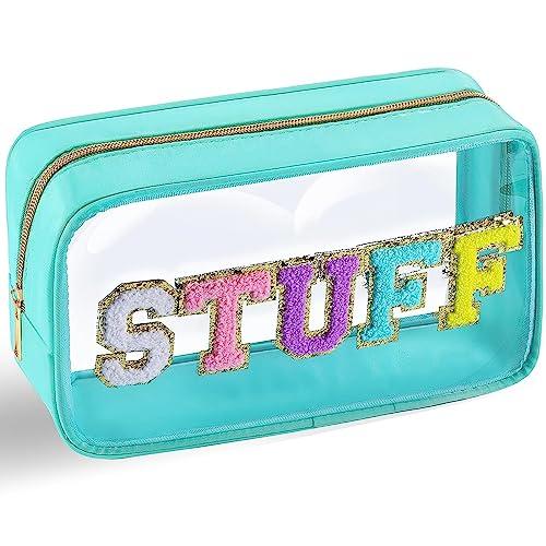 URSKYTOUS Chenille Letter Clear Makeup Bag Nylon Preppy Patch Stuff Cosmetic Bag with Zipper Large Clear Travel Makeup Pouch Transparent PVC Waterproof Toiletry Organizer Storage for Women (Blue)