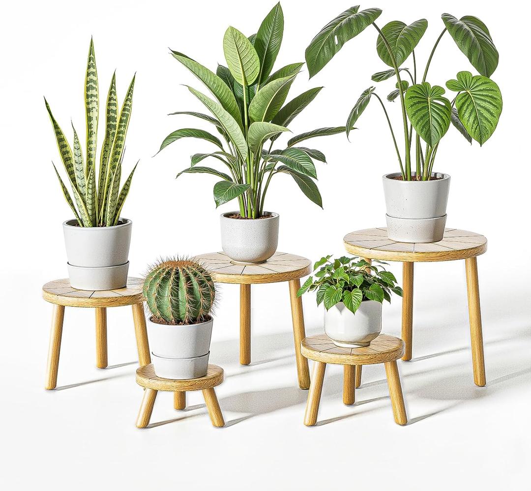 Delma Wood Plant Stands Indoor, 5-Pack Single Plant Stand for 6-12 Inch Pots, Mid-Century Modern Plant Stool, Tall Plant Stand for Large Plants for Living Room, Balcony, Office (Light Brown, 5-Pack)