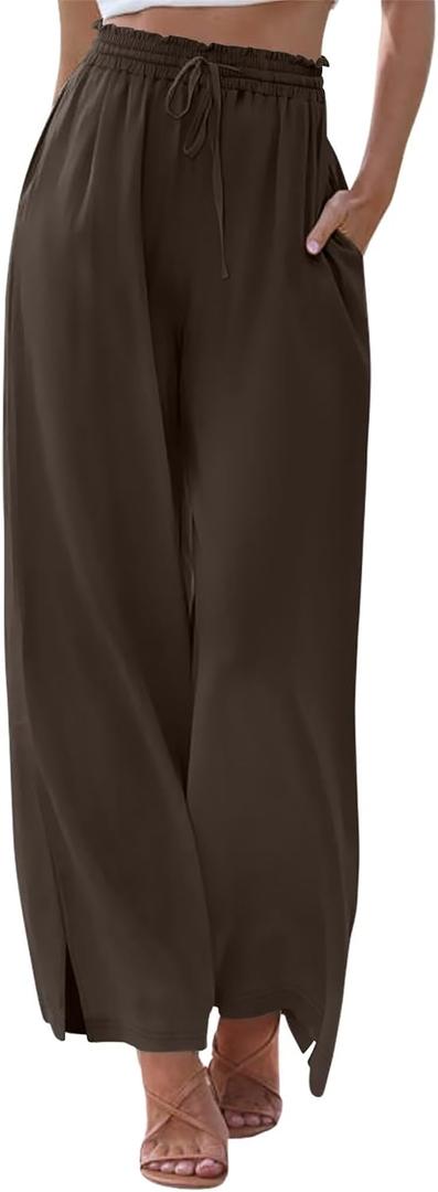 KISSMODA Womens Palazzo Lounge Pants Drawstring Elastic Waist Wide Leg Pants with Pockets Casual Boho Trousers (Brown, XL)