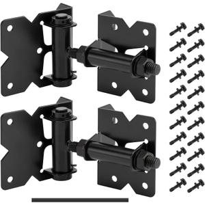 2 Pack Self Closing Gate Hinges for Wooden Fences Heavy Duty Solid Vinyl Fence Gate Closer Hinges with 22 Screws Swing Adjuster Tool 90 Degree Tension Gate Hardware Kit Black Finish