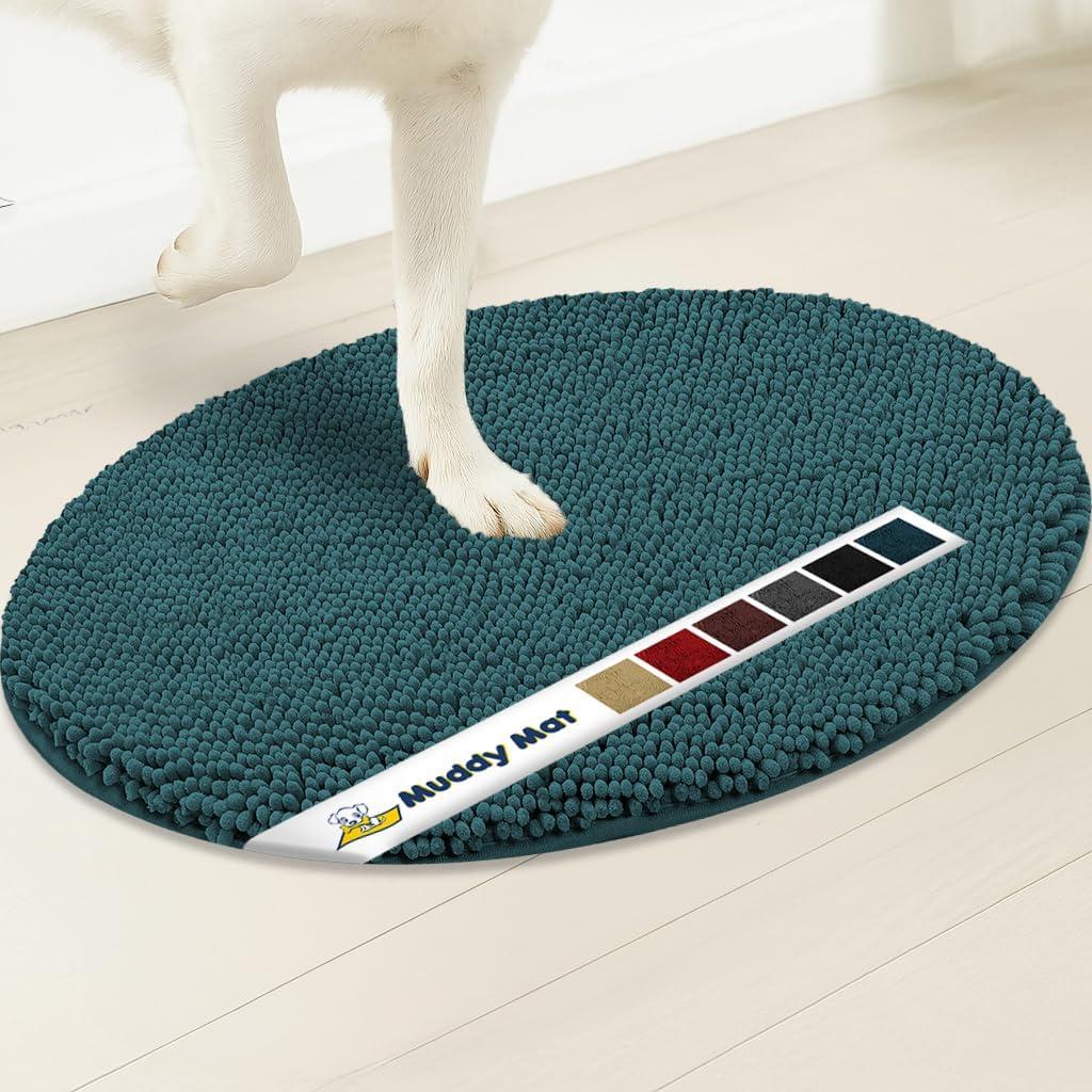 Muddy Mat® Shown on TV Super Absorbent Microfiber Dog Door Mat for Muddy Paws, Non-Slip Washable Pet Rug, Quick Dry Chenille Entryway Carpet, Machine Washable Mat, Atlantic Green Oval 5ft x 7ft