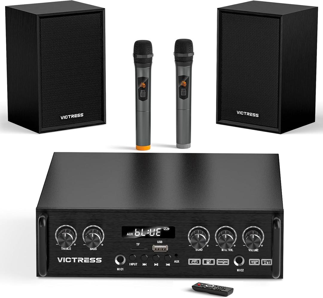 Home Karaoke System with Wireless Microphones & Speakers, Bluetooth Amplifier Set for Family Parties & Home Entertainment