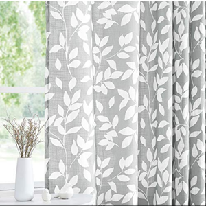 White and Grey Curtains for Bedroom 84" Length Semi-Sheer Print Leaf Curtains for Living Room Windows, Grommet Top, 1Panel