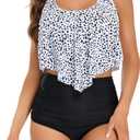 Edelqual Tankini Swimsuits for Women High Waisted Bikini Sets Plus Size Two Piece Bathing Suits Tummy Control Swimwear, X-Large, Black and White Points