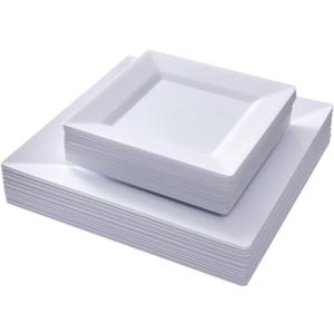 N9R 60PCS White Plastic Plates Square, 30 Dinner & 30 Dessert Plates Heavy Duty, Fancy Disposable Plates for Party, Wedding and other Events