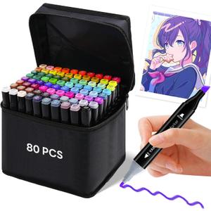 80 Colors Alcohol Markers Set, Dual Tip Art Pens, Alcohol-Based Marker for Kids & Adult Coloring, Drawing, Sketching, Vibrant No Bleeding Marker for Artists, Illustration Gifts
