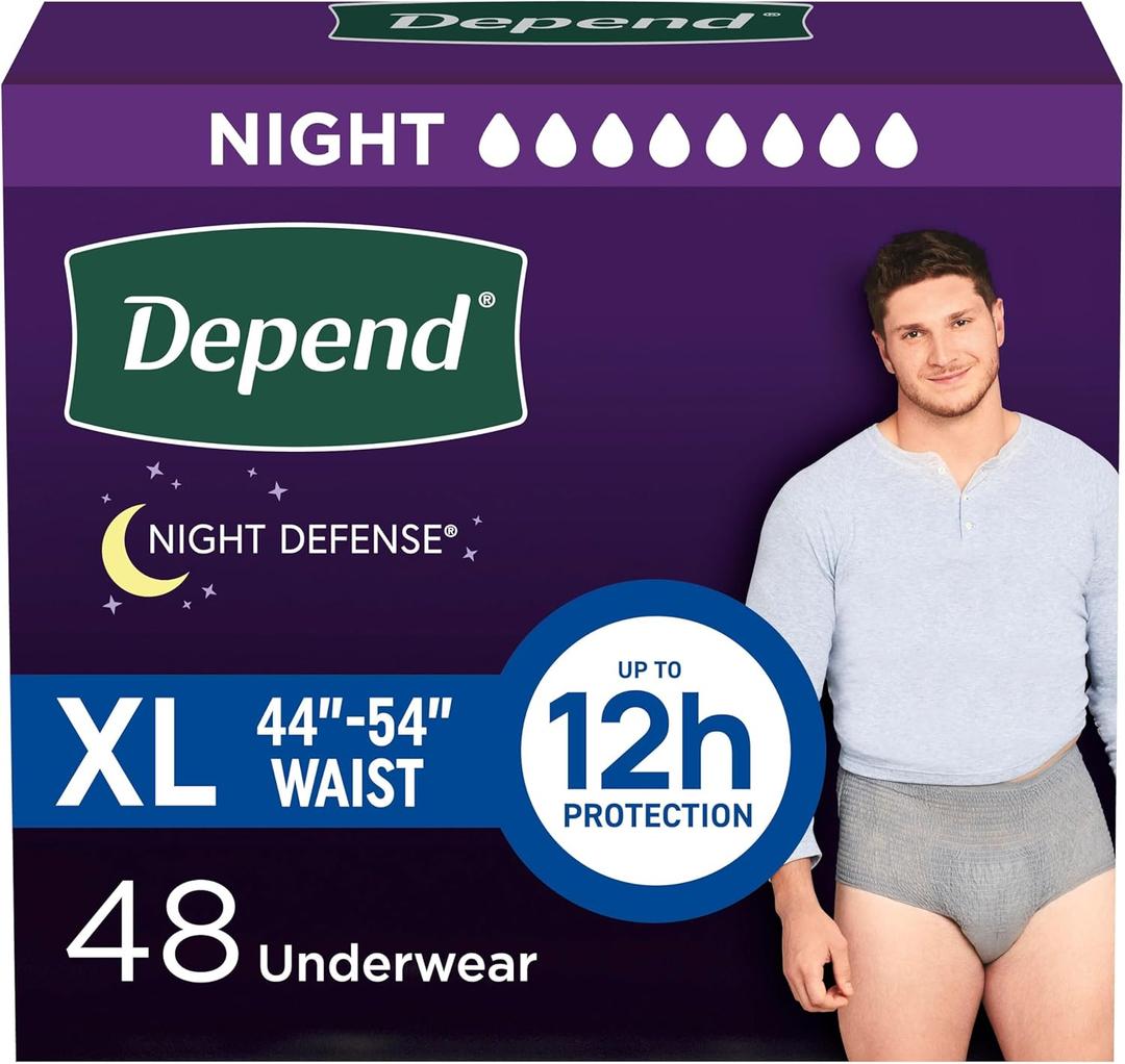 Depend Night Defense Adult Diapers, Incontinence Underwear for Men, Disposable, Overnight, Extra-Large, Grey, 48 Count (4 Packs of 12)