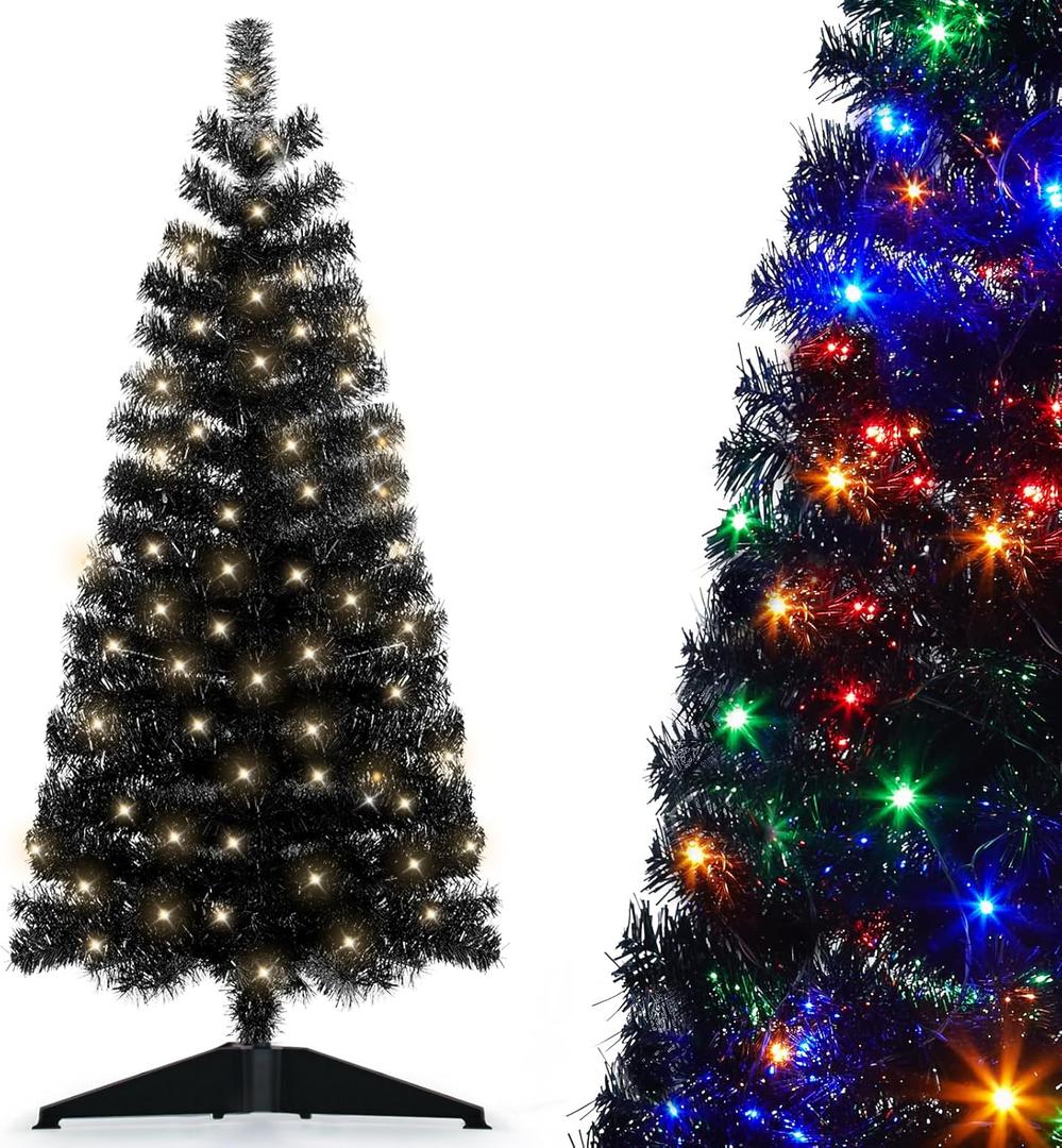 Pre-Lit Artificial Christmas Tree, Warm White Lights, Colorful Lights, Includes Stand, 4 feet (Black)