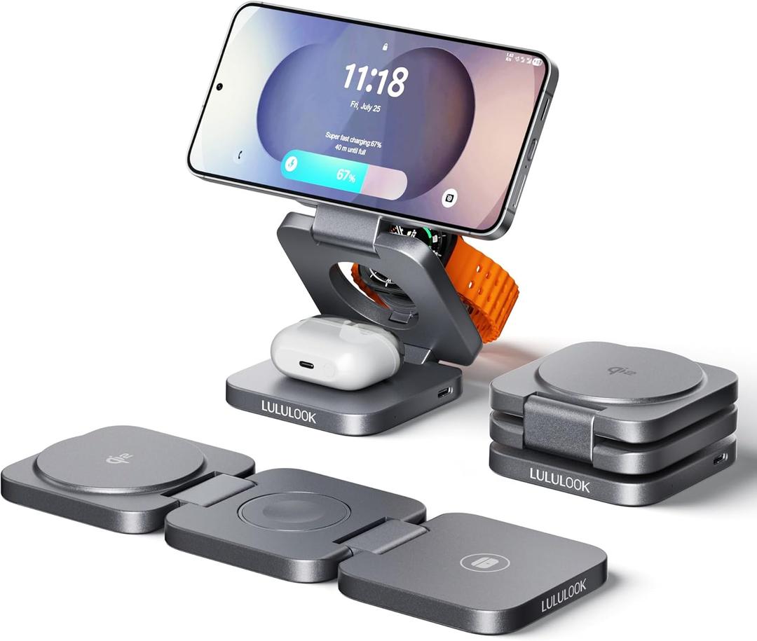 LULULOOK Qi2 Foldable 3 in 1 Wireless Charging Station for Samsung Phone and Watch and Buds, Travel Magnetic Charger Stand for Samsung Galaxy S26/S25/S24/S23/Z Flip/Fold-for Galaxy Watch 8/Ultra/Buds (Gray)