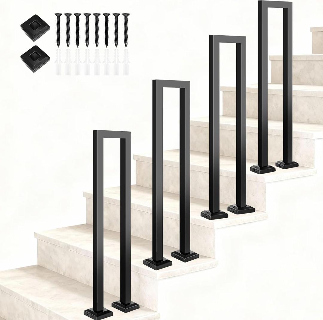 2Pcs Heavy Duty Steel U Shaped Handrails, 33.5" Matte Black Hand Rails for Outdoor & Indoor Steps, Stair Railing for Porches, Decks, Lofts