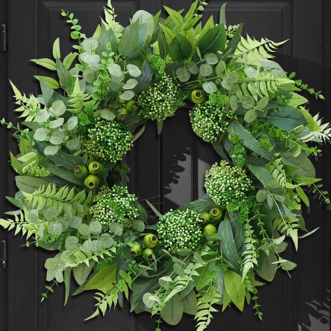 24 Inch Artificial Greenery Wreath for Front Door - Green Wreath with Eucalyptus and Fern Leaves, Spring Summer Fall Winter Eucalyptus Wreaths, Indoor Outdoor Wreath for Farmhouse Outside Year Round