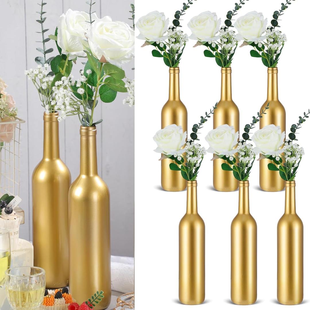 30 Pcs 6 Set Gold Vase Flower Centerpieces for Wedding Table Glass WineBottle Flower Vase Candle Holder with Artificial Rose Eucalyptus Baby's Breath for Wedding Reception Table Decor(White)