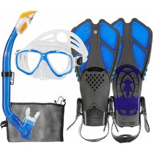 Kids Mask Fins Snorkel Set Snorkeling Packages, with Diving Mask, Snorkel, Adjustable Swim Fins, Mesh Bag, Anti-Fog Anti-Leak Snorkeling Gear for Kids for Snorkeling Swimming Diving (Blue)