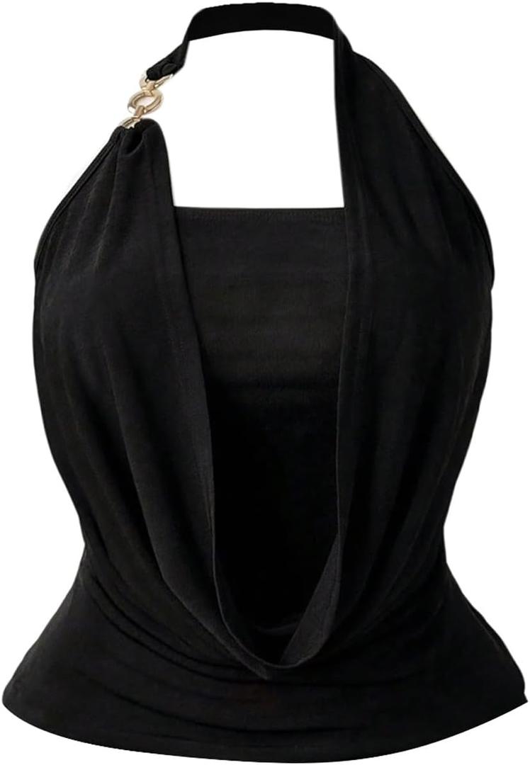 OYOANGLE Women's Plus Size Ring Linked Halter Top Draped Front Ruched Sleeveless Going Out Tops, Black, 3XL