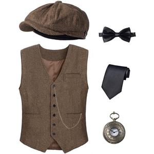Kids 1920s Costume for Boys Vest Hat Pocket Watch Accessories Set Party Cosplay 3-14 Years (Dark Brown)