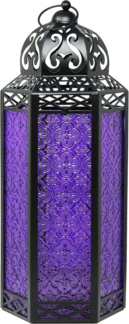 VELA LANTERNS 16" Extra Large Large Black Metal Decorative Floor Moroccan Lantern Candle Holder Lamp - Indoor/Outdoor, Home Decor, Halloween, Patio, Weddings, Ramadan Decor, Purple