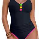 Blooming Jelly Womens Bathing Suit Tummy Control One Piece Swimsuit Sporty Swim Suits 2026 Neon Color Block Swimwear (Black, S)
