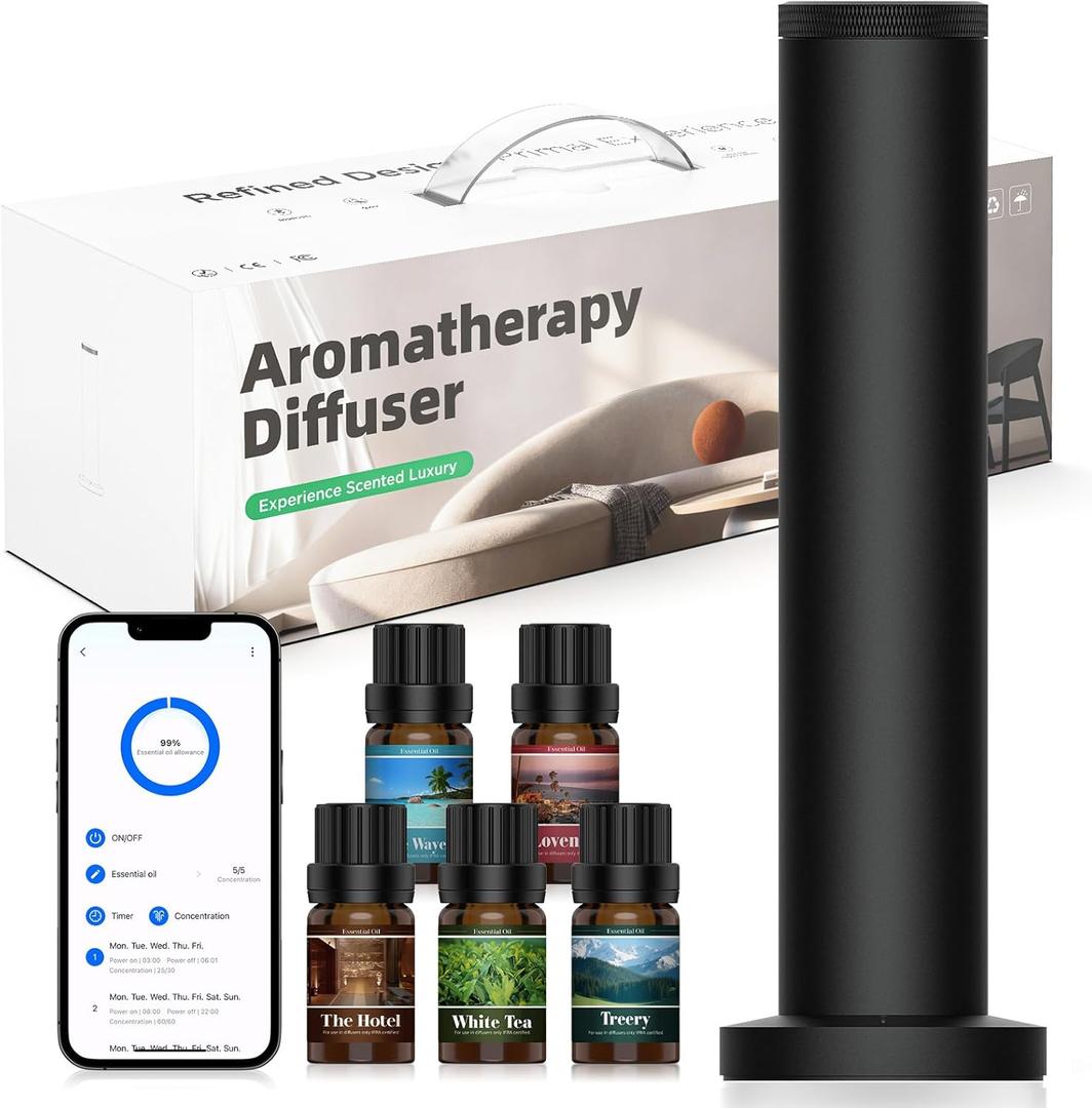 Wireless Hotel Scent Diffuser Starter Kit- Cordless Rechargeable Diffuser for Whole House - Hotel Scents Collection - App Control Waterless Essential Oil Diffuser for Large Room, Studio, Office(Black)