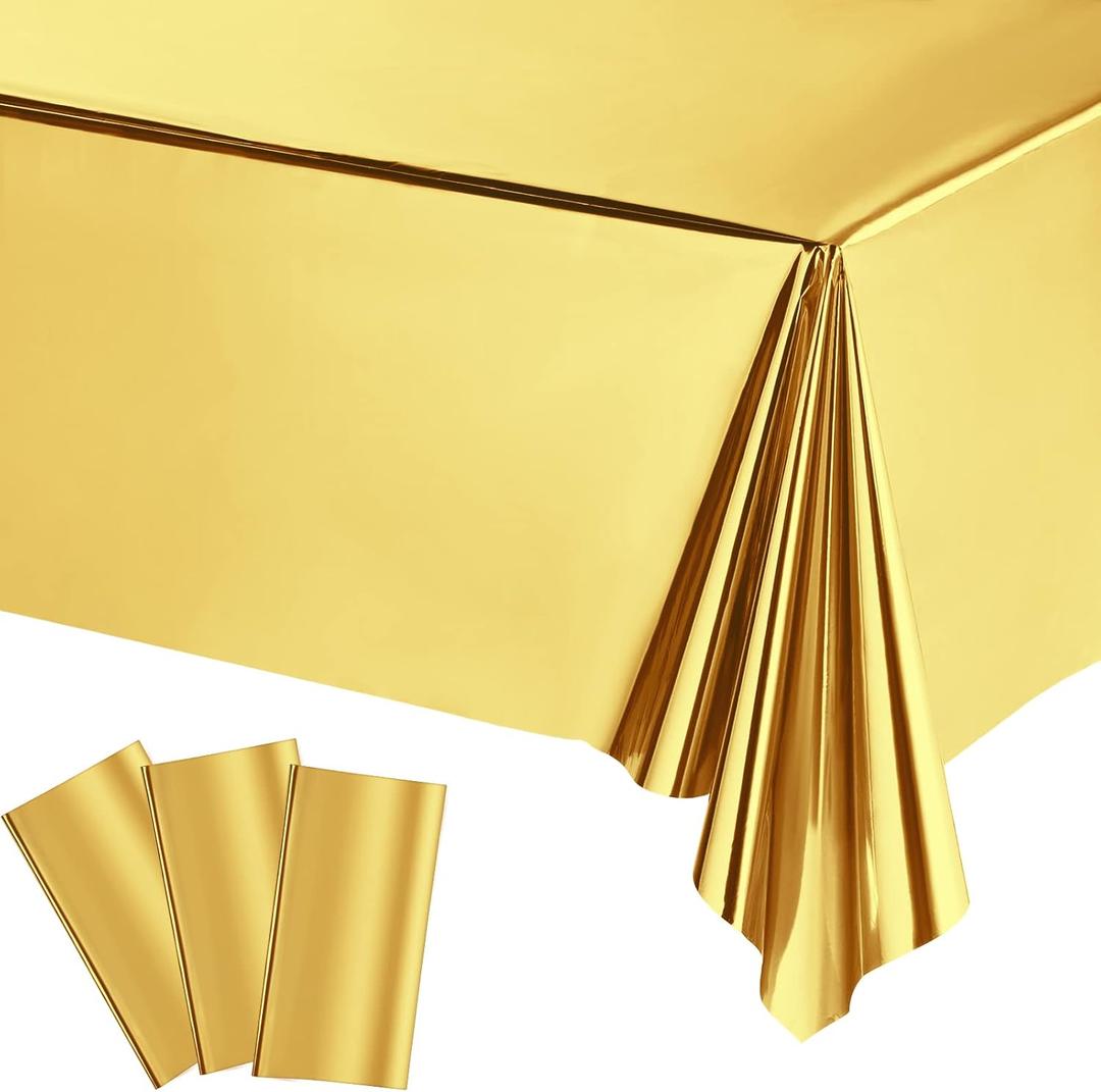 Tatuo 3 Pieces Foil Party Rectangular Table Covers Table Cloth 54 x 108 Inch Shiny Plastic Waterproof Tablecloth Party Desk Cover for Wedding Anniversary Engagement (Gold)