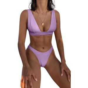 Bathing Suits for Women Deep V Neck Sexy Two Piece Bikini Sets for Women Thong Halter Cheeky Swimsuit, S