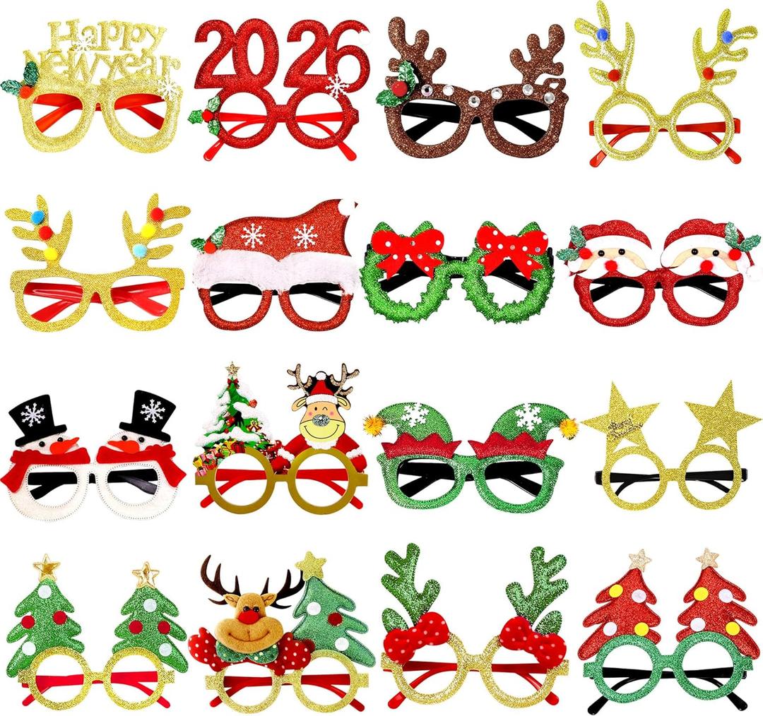 HAFZYRYS 16Pcs Christmas Glasses Glitter Holiday Party, Cute Christmas Glasses Frames, Christmas Eyeglasses Party Decorations for Christmas Party Favors Holiday Favors (One Size Fits All)