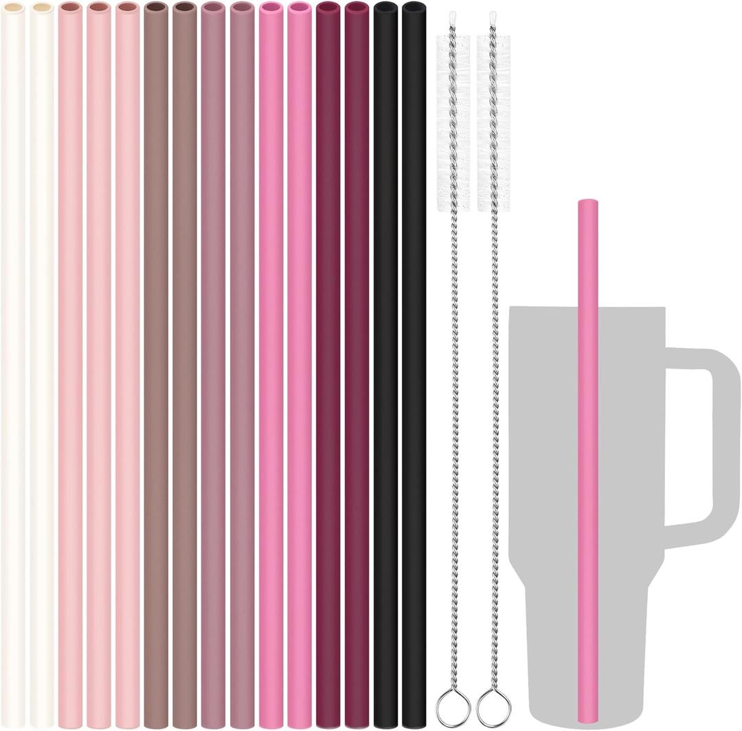 Tomorotec 12.2" Reusable Silicone Drinking Straws 15-Pack with Cleaning Brushes for Stanley Tumblers 40oz 30oz 20oz, Noise-Free BPA-Free Food Grade Silicone Adjustable for Various Cups (Pink Series)