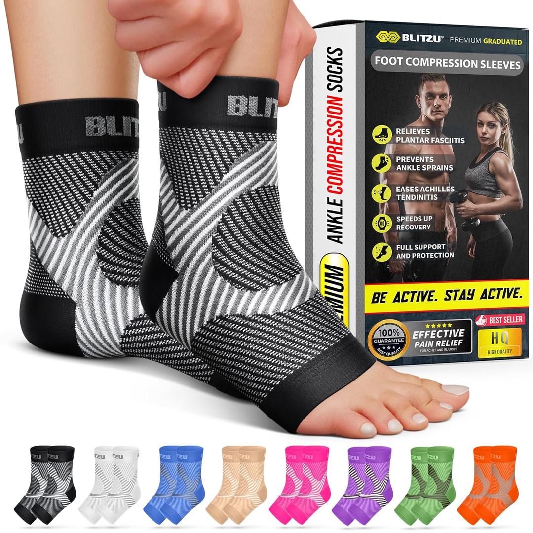 BLITZU Compression Socks for Plantar Fasciitis, Foot, Arch & Ankle Support | Open Toe Ankle Brace, Women & Men, Stabilizing Sleeve Wrap, Achilles Tendonitis, Neuropathy, Arthritis, Swelling & Heel Pain L/XL