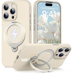 Case for iPhone 15 Pro Max, [360° Rotating Magnetic Ring Stand] with Strong Holder, Military-Grade Shockproof Silicone Phone Case, Full Protection Hands-Free Video Calls Car Mount, White