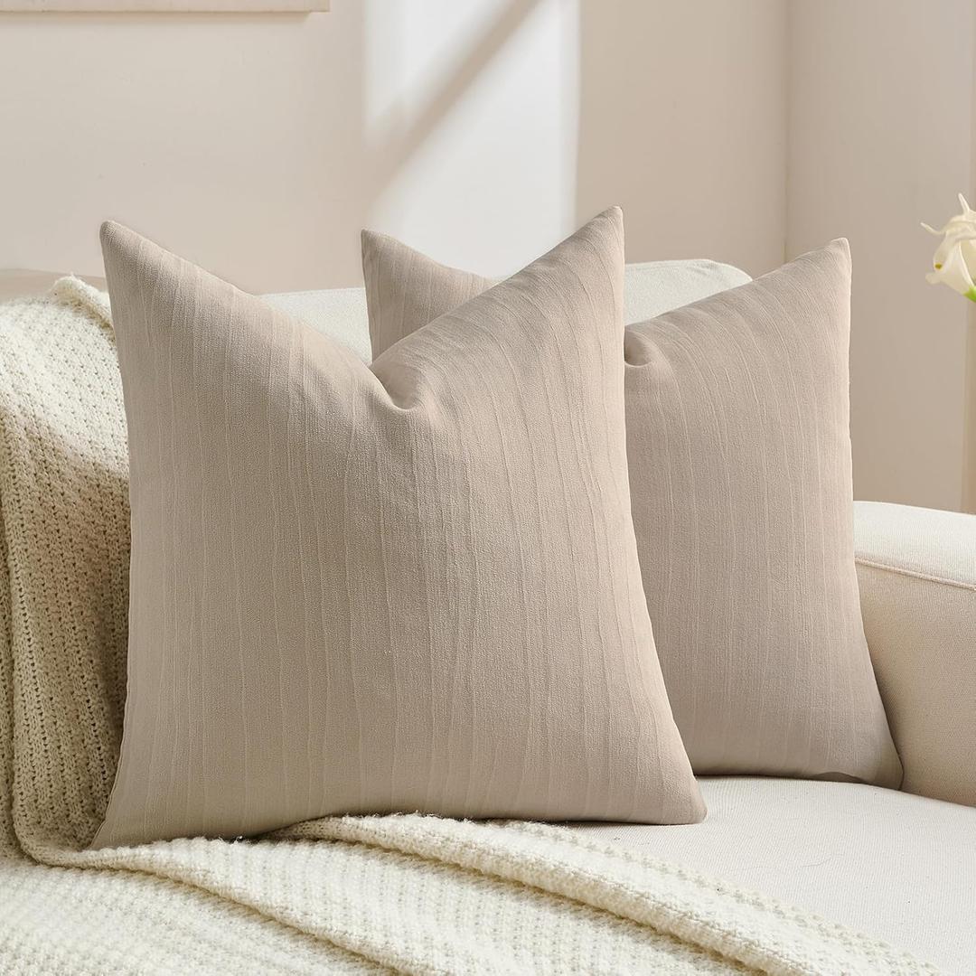 FUTEI Beige Chenille Decorative Throw Pillow Covers 18x18 Inch Set of 2,Soft Crushed Striped Texture Cushion Case,Modern Home Decor for Couch Bed Living Room