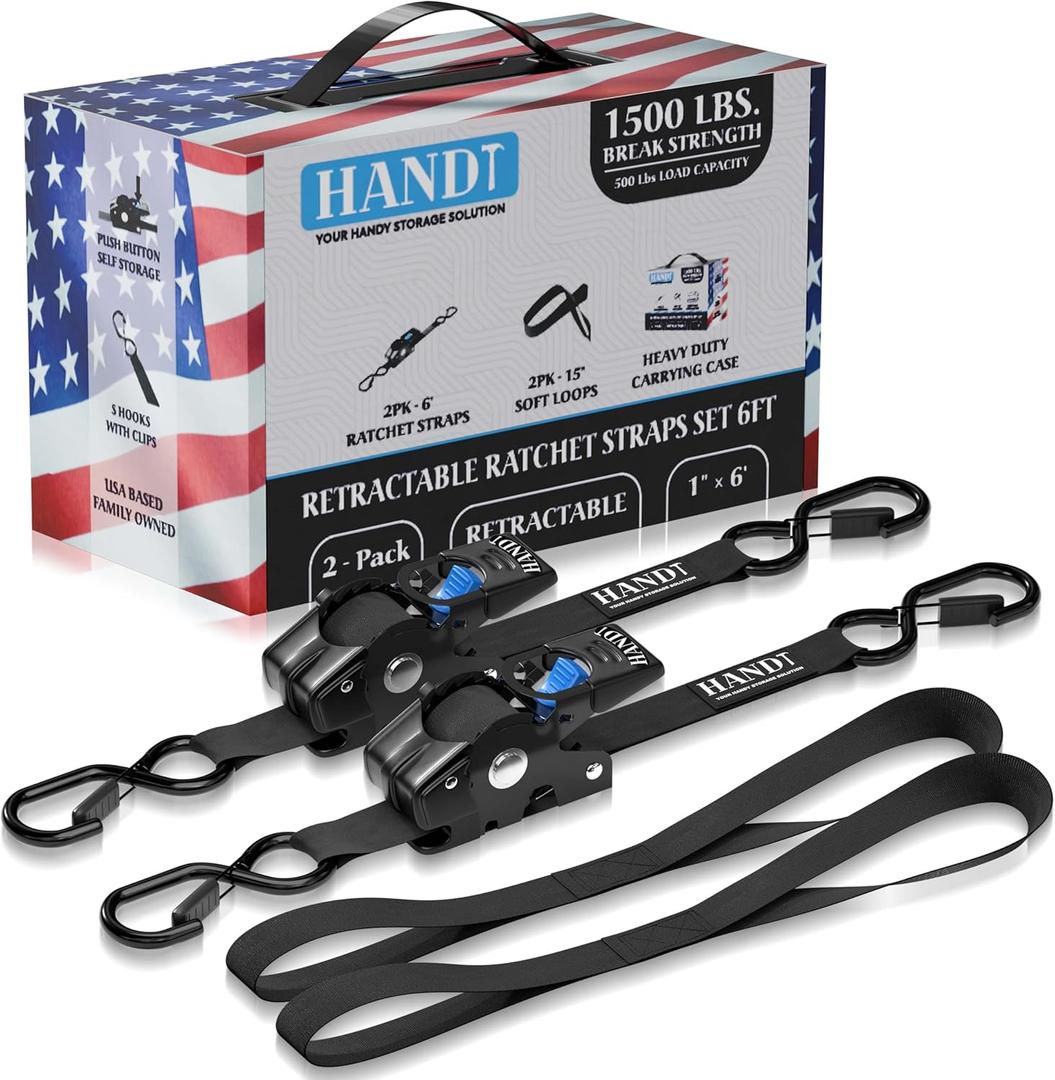 HandT USA Based Retractable Ratchet Straps (2PK) 1in x 6ft - 1,500lb Break Strength, Heavy Duty Automatic Ratchet Straps Self Retractable Tie Down, Push Button Retracting Truck Trailer Cargo | Black (1in x 6ft - 2 Pack)