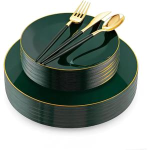 Liacere 150PCS Green Plastic Plates - Gold Plastic Silverware with Green Handle - Heavy Duty Fancy Plastic Plates Disposable Include 30 Guests Plates, Forks, Spoons, Knives for St. Patrick's Day