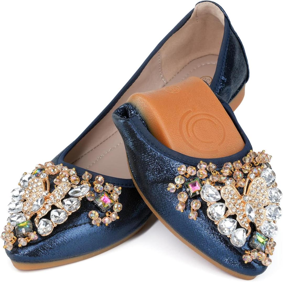 Women's Ballet Flat Shoes - Cute Rhinestones Bow Wedding Flats Slip on Flats for Women Comfort (10.5, Blue)