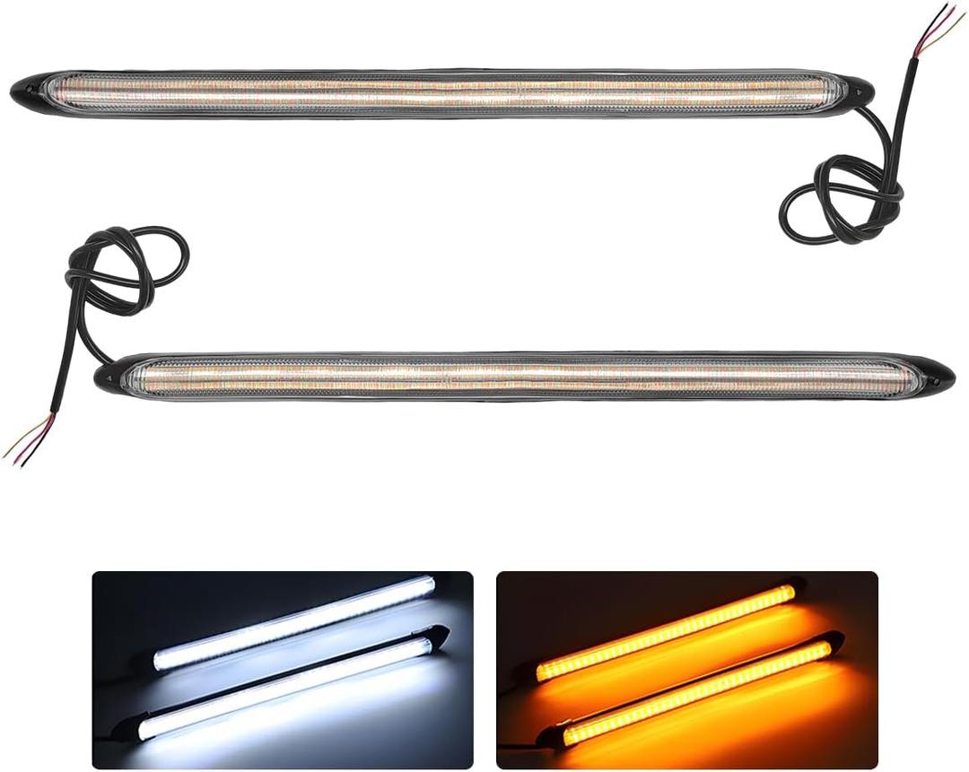 2 PCS Car LED Daytime Running Light Strips, Flexible Waterproof Car Turn Signal Lighting Strips, Super Bright Trailer Tail Light Strip for Trucks Pickup, Car Accessories (White+Yellow, 34.5cm)