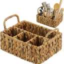 Glenmal Wicker Flatware Storage Basket Utensil Caddy Hand Woven Divided Cutlery Holder Kitchen Utensil Organizer Water Hyacinth Silverware Organizer with Handle for Countertop Party (Rectangular)