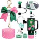 AIERSA Pink And Green Cup Accessories Set for Stanley,Included Bow Charm,Handle Charm,Silicone Boot,Diamond Straw Cover,Stopper Spill,Movie Theme Merch Cup Decorations for Gifts